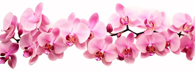 Fototapeta na wymiar Orchids flowers background banner panorama - Beautiful blooming pink orchid branch, (orchidaceae), isolated on white background, top view (Generative Ai)