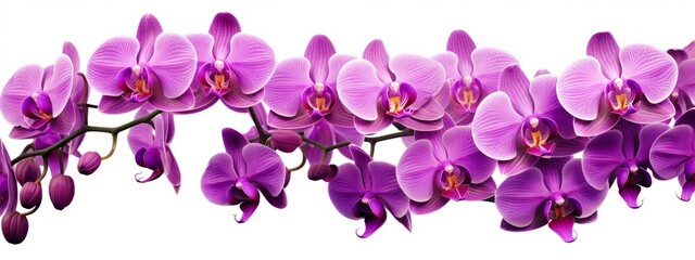 Fototapeta na wymiar Orchids flowers background banner panorama - Beautiful blooming pink purple orchid branch, (orchidaceae), isolated on white background, top view (Generative Ai)