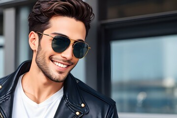 Handsome man smiling with sunglasses and black jacket ai generative image