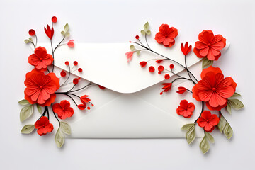 Paper cut red and white flowers on white envelope on white background. Greeting card for holiday or event. Handmade craft creative concept. Floral background. Generated ai