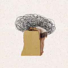 Tangled thoughts and overthinking, Young woman feeling lack of energy, crisis and depression....