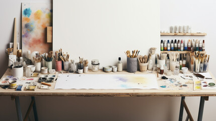 Artist's workspace with blank canvas and art supplies