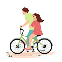 Boy and girl ride a bike together. Happy boy rides a girl on a bicycle. Children summer activities and fun. Adorable children having fun outdoor Flat vector illustration isolated on white background