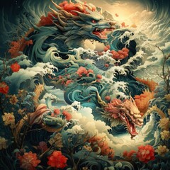 Fototapeta na wymiar A vintage style Japanese dragon illustration