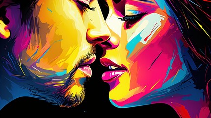 Passionate  kiss between charming handsome lovers. Colorfull image of loving couple. Cropped close up profile. Generative AI illustration for cover, card, postcard, interior design, decor or print. - obrazy, fototapety, plakaty