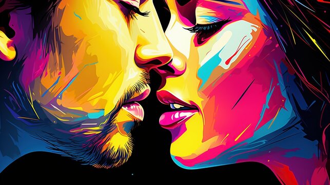 Passionate  kiss between charming handsome lovers. Colorfull image of loving couple. Cropped close up profile. Generative AI illustration for cover, card, postcard, interior design, decor or print.