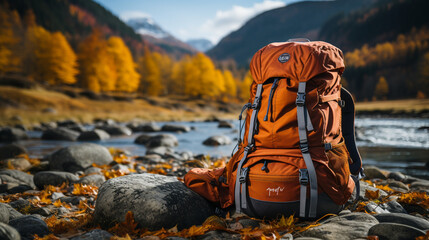 Colorful hiking gear and backpack, lifestyle, background, blurred Generative AI