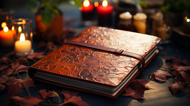 Handcrafted leather journal and fountain pen, lifestyle, background, blurred Generative AI