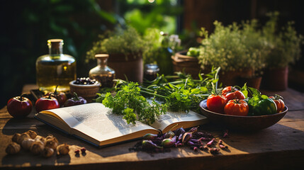 Rustic cookbook and fresh ingredients, lifestyle, background, blurred Generative AI