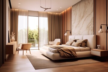 Fototapeta premium Contemporary bedroom filled with natural light, highlighting its minimalist decor and stylish comfort..
