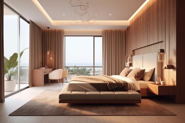 Details of a cozy bedroom with rich earthy colors and luxury touches. Luxurious details and furnishings.