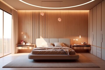 Wide view of a luxury bedroom with simple earthy colors, perfect for a good night's sleep..