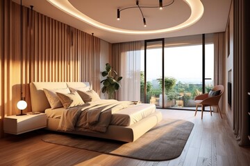 Details of warm and welcoming bedroom with earthy shades and plush bedding..