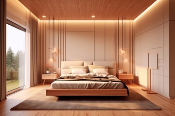 Stylish interior of contemporary bedroom with comfortable bed and luxurious finishings. Details of...