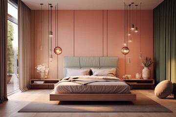 Sleek designer bedroom with chic details and natural wood on walls - 625191021