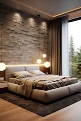 Sleek designer bedroom with chic details and natural wood on walls