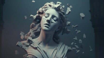 A broken head sculpture of classical style. Cracking marble female sculpture. Concept of depression. Generative AI. Illustration for banner, poster, cover, brochure or presentation. - obrazy, fototapety, plakaty