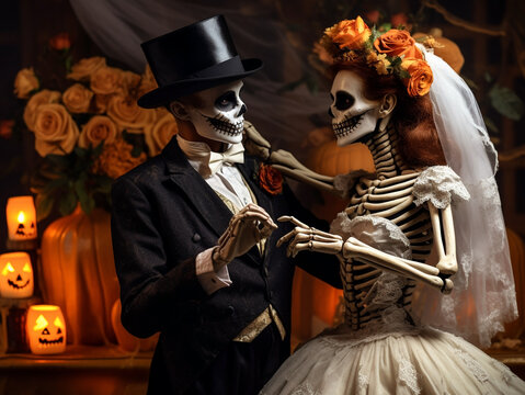 Scary smiling dancing skeletons in the costume of the bride and groom on a dark Halloween background, Generative AI, generative artificial intelligence