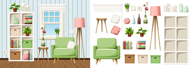Cozy living room interior with blue walls, an armchair, a shelving, a window, and a floor lamp. Furniture set. Interior constructor. Cartoon vector illustration
