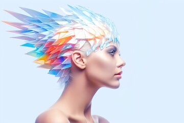 Beautiful woman with fantasy hairstyle. Fashion girl portrait. Futuristic style. Generative AI. Design for banner, poster, cover, brochure or presentation.