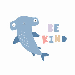 Cute cartoon sea animals - vector illustration. Awesome character -  shark. Undersea illustration in flat style.  Be kind