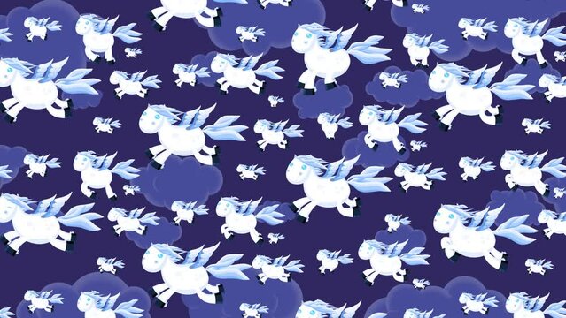 White cartoon pegasus characters flying on navy clouds sky background. Cute animation good as backdrop for intro, art, literature, party, television programme, presentation, etc... Seamless loop.