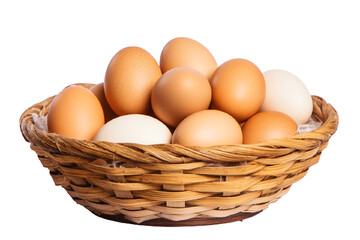 Wicker basket with rustic chicken eggs isolated on a white background. Concept of natural farm product. AI Generation
