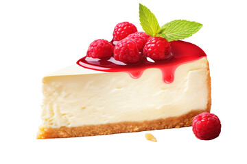 Delicious, Tender Slice of Cheesecake Adorned with Fresh Raspberries and Mint Leaves, Isolated on a White Background