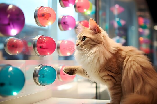 A photo of interactive high-tech cat toys displayed in a modern pet store, reflecting the niche market for tech-integrated pet toys.
