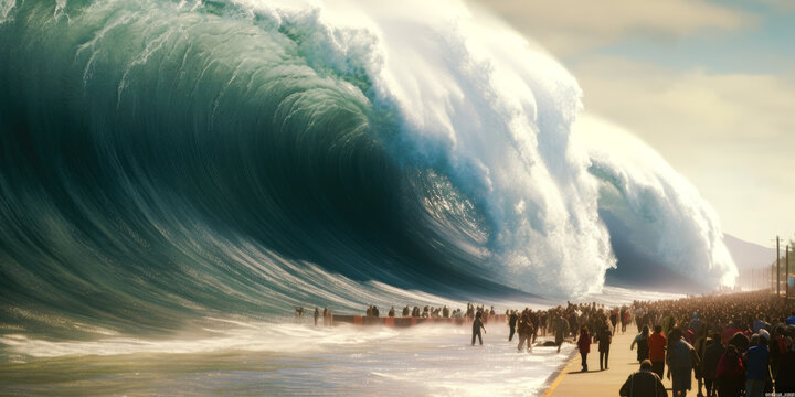 Enormous tsunami waves, disaster about to happen, with people at the beach looking. generative ai