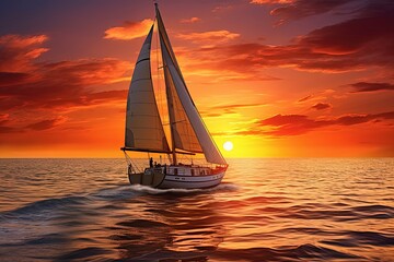 Obraz na płótnie Canvas Yacht Boat Saililng At The Sunset