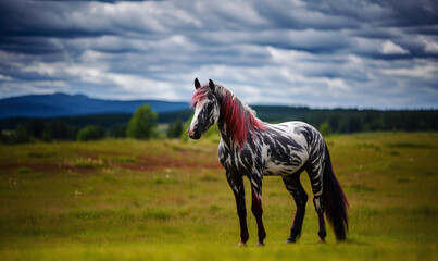 A horse of a different color, with pink hair and dappled black and white fur; a generative AI illustration