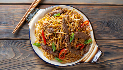 Top view on uyghur cuisine dish tsomyan fried noodles with beef on the wooden table, horizontal