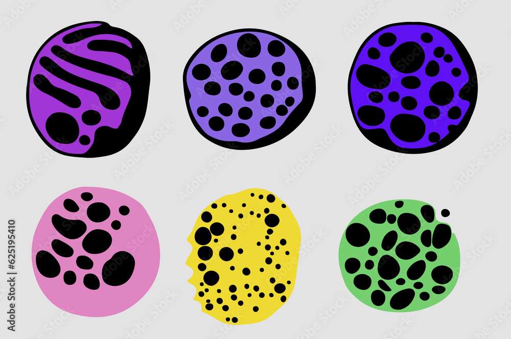 Poster Set of abstract geometric elements for design with psychedelic pattern in different colors.