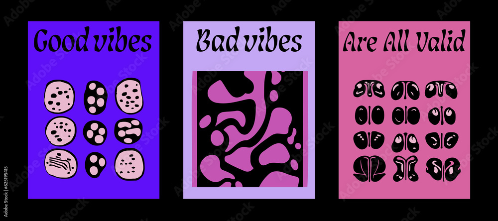 Aufkleber Set of poster templates with psychedelic melting shapes and blobs in retro hippie Y2K style.