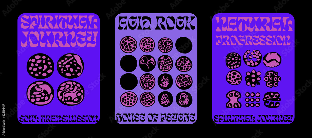 Poster Set of poster templates with psychedelic melting shapes and blobs in retro hippie Y2K style.