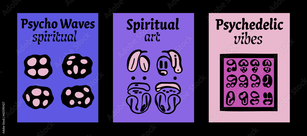 Poster Set of poster templates with psychedelic melting shapes and blobs in retro hippie Y2K style.