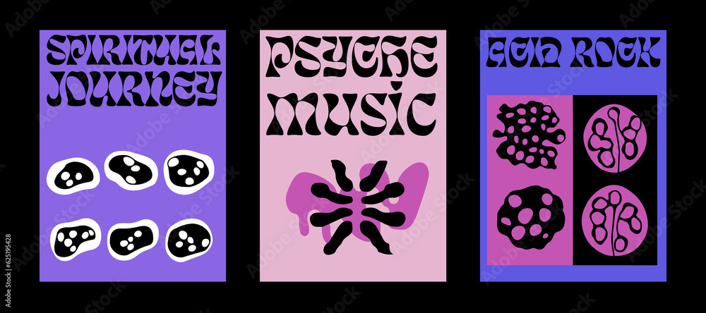 Poster Set of poster templates with psychedelic melting shapes and blobs in retro hippie Y2K style.