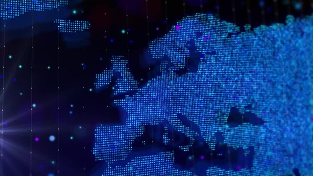 Digital map of Europe in the form of a bright glowing particle composition. Big data virtual composition in geography contours
