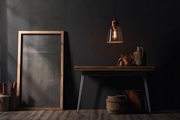 Mockup of a wooden photo frame in a dark room. Generative AI