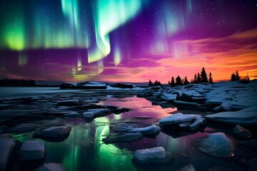 A vivid image of the Northern Lights shimmering across the night sky. 
This dramatic natural spectacle can be used as a vibrant backdrop in graphic designs.