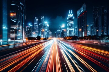 Obraz premium A long exposure photograph of city traffic at night, capturing streaks of light that can be used as a resource for graphic designers looking for speed and light effects.