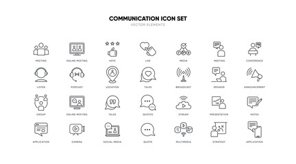 Simple Line Flat Set of Business Communication Related Vector Line Icons. Contains such Icons as Meeting, Presentation, Conference Call, Agreement, Chat and more