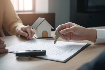 The Estate agent signing and gives house keys to a client, real estate concept
