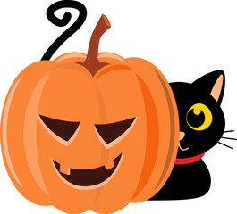 Black cat and pumpkin . Cartoon character . Halloween concept .