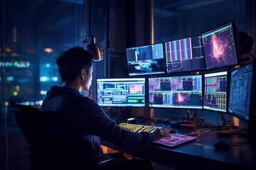 マルチモニターで株価をチェックするデイトレーダー