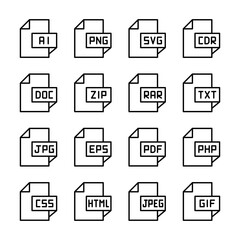 Fototapeta na wymiar File Formats Icons Outline Style for Any Purpose