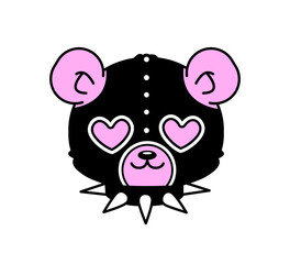 Y2k Teddy Bear toy aesthetic 2000s style tattoo or sticker design. Gothic 00's sticker black and pink colors. Gothic punk teddy bear toy in latex mask and studded collar. Isolated vector 