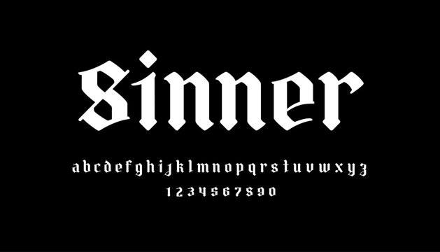 "Sinner" - Y2k Neo Gothic tattoo font type. Aesthetic 2000s gothic Punk style font. Vintage Goth style tattoo vector font type template