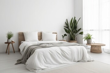 Fototapeta premium Mockup of a home interior wall in a white bedroom with an unmade bed, cushions, curtains, and a green plant. Generative AI